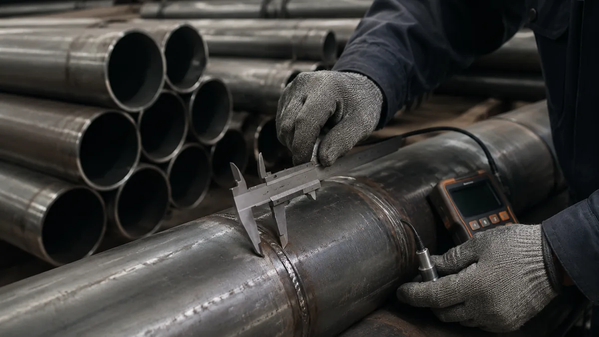 API 5L line pipe stacks in a mill warehouse prepared for dimensional and marking inspection