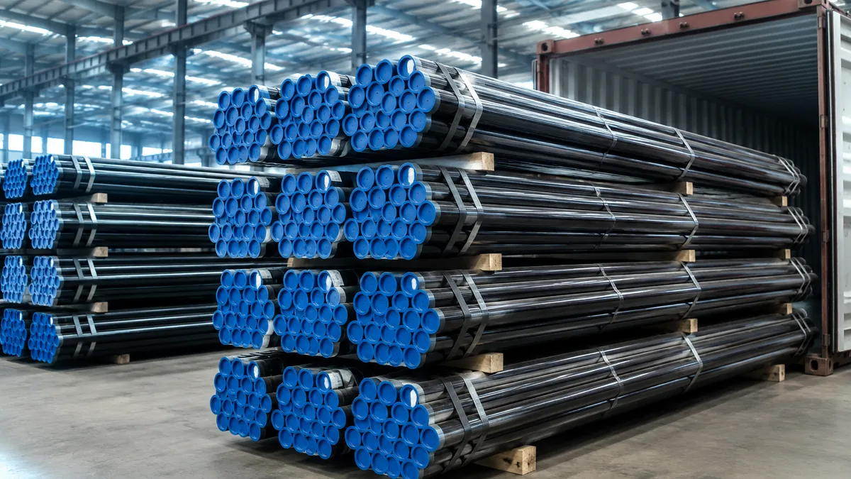 API 5L pipes secured for export packing with end protectors and bundle tags