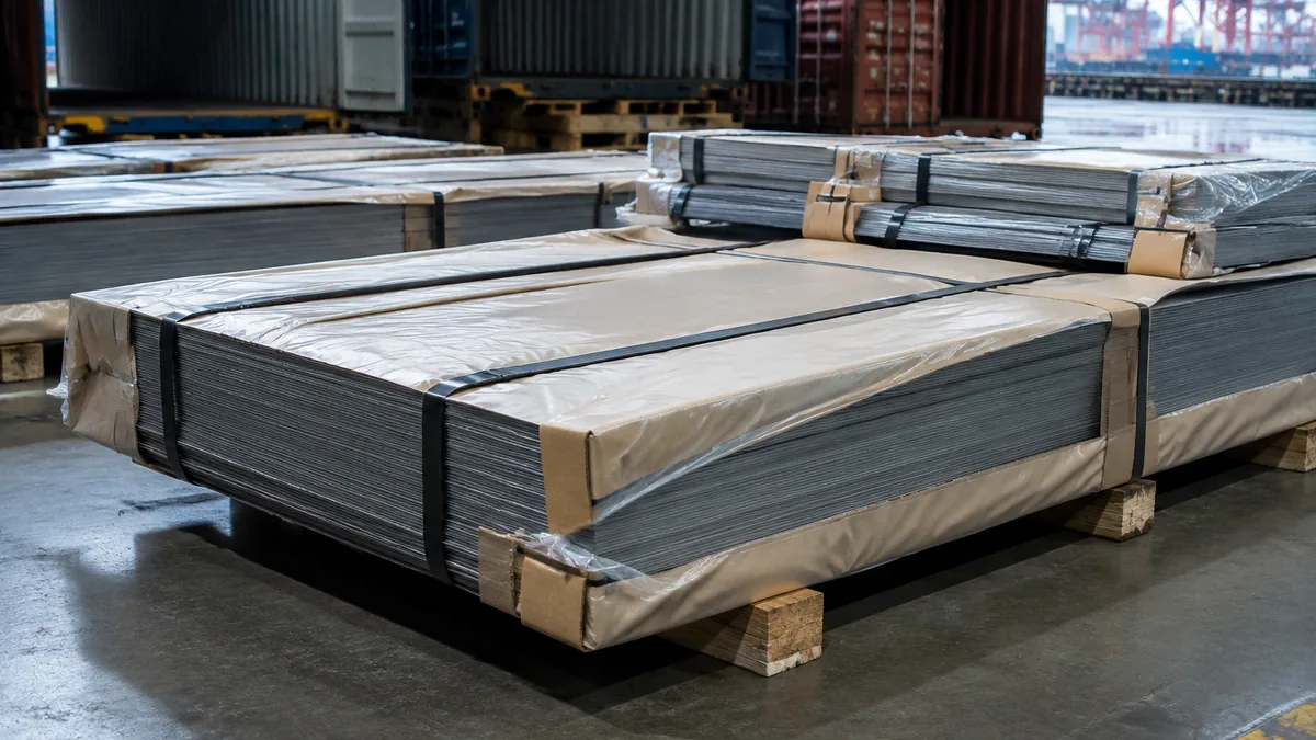Coil baja hot rolled dikemas dengan proteksi kelembapan untuk loading container ekspor