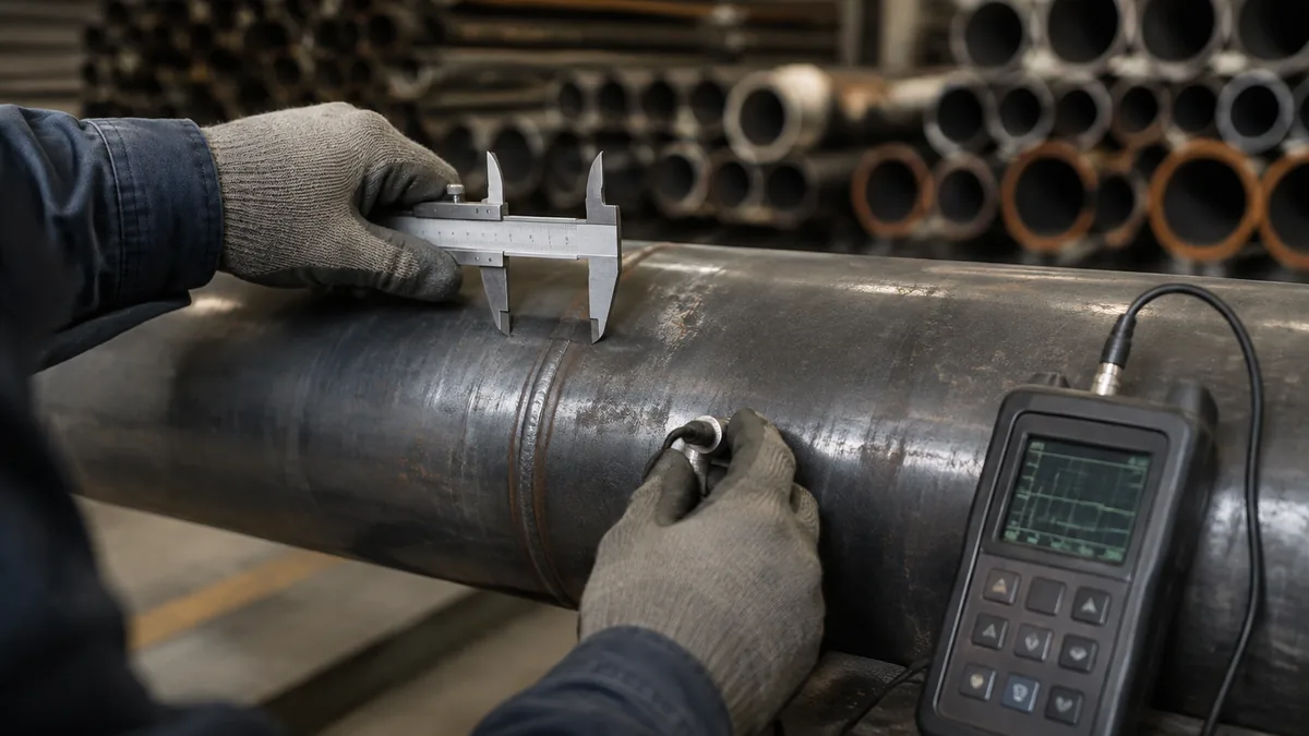 Inspector checking carbon steel pipe ends and heat marks before an export release