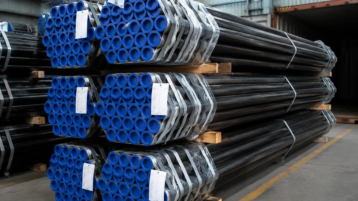 Carbon steel pipe bundles packed with end protectors for container loading