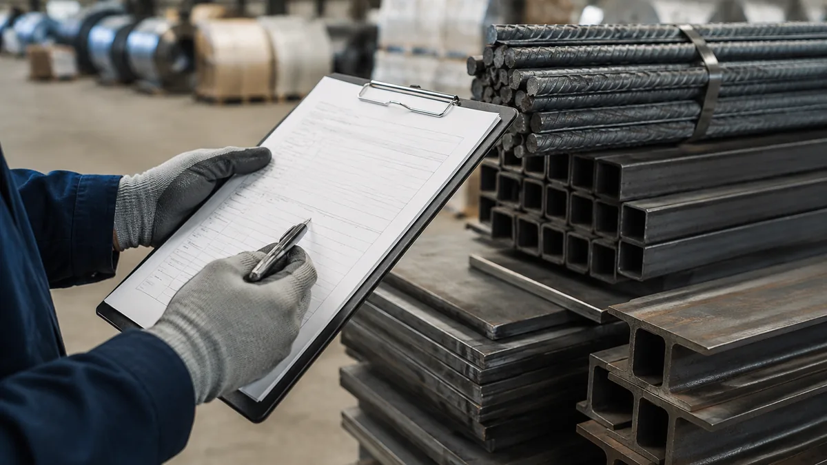 Export documents staged beside steel plate and coil stock for an EU shipment