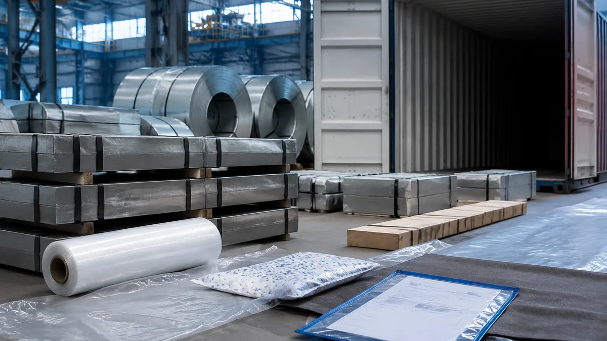 Steel coils packed for sea freight with unmarked export files ready for the EU declarant