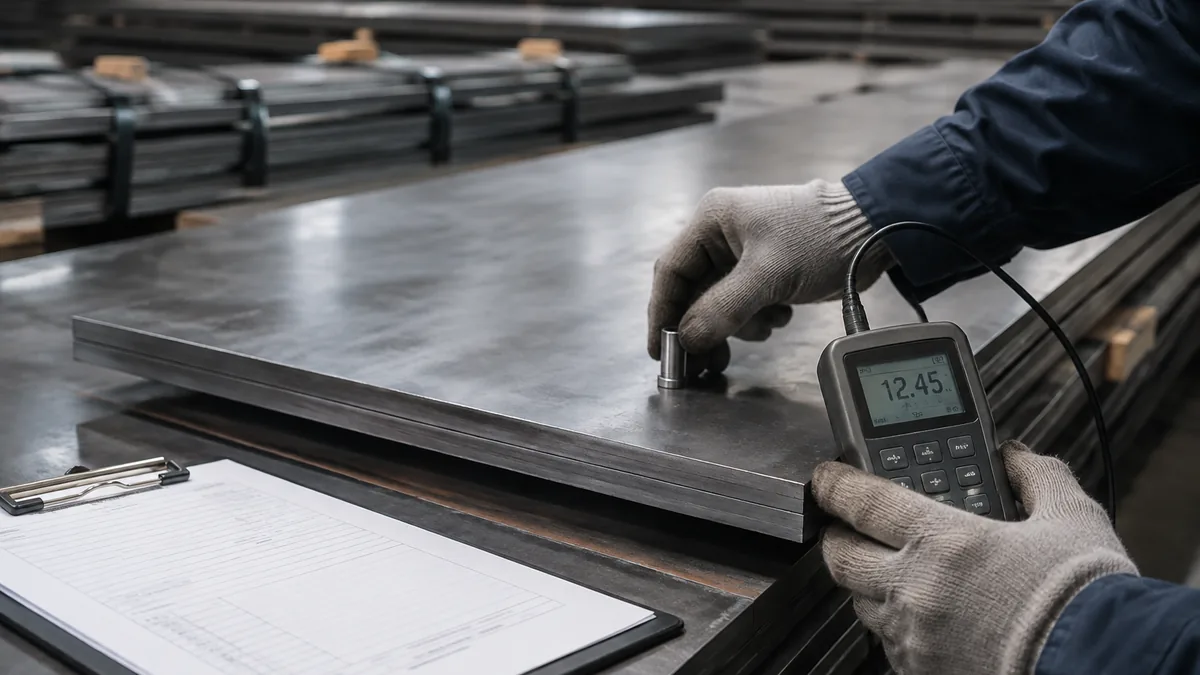 Contrôle ultrasonore de tôles acier carbone sur une table de contrôle qualité usine