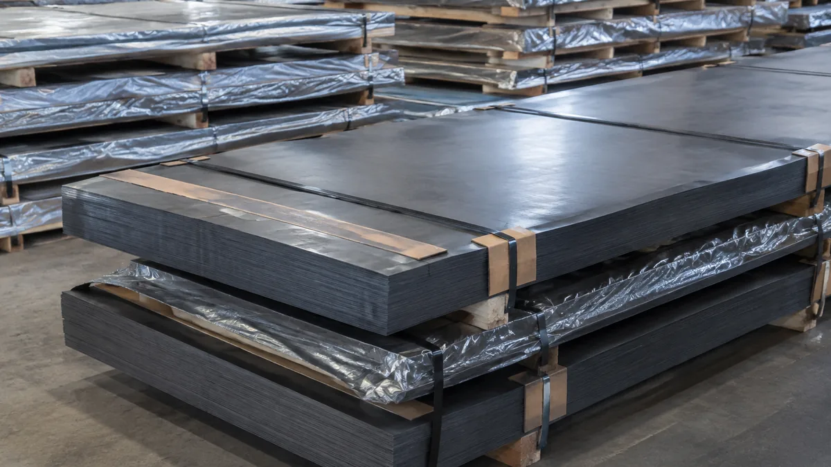 Structural carbon steel plates packed for export with bundle tags and edge protection