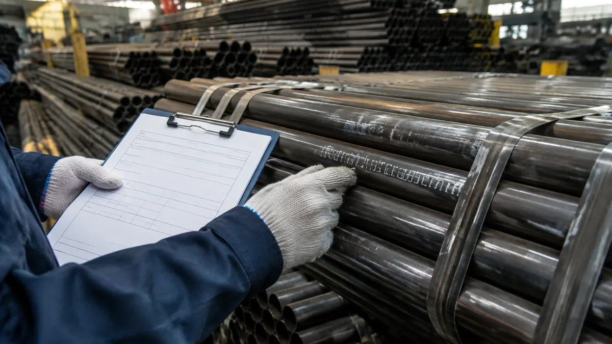 Inspector measuring steel pipe OD and wall thickness during pre-shipment inspection